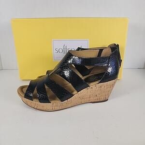 Softspots Black Strappy Cork Platform Wedge Sandal Size 7.5